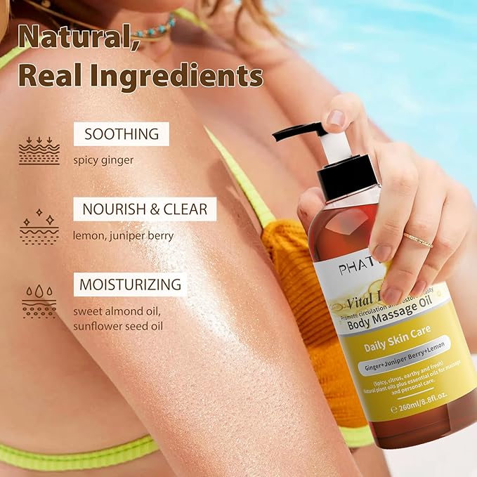 Ginger Oil Ginger Body Massage Oil for Gua Sha, with Lemon,Juniper Berry, 260ML Large Bottle Warming Body Oil for Spa, Lymphatic Drainage, Muscle(8.8oz)