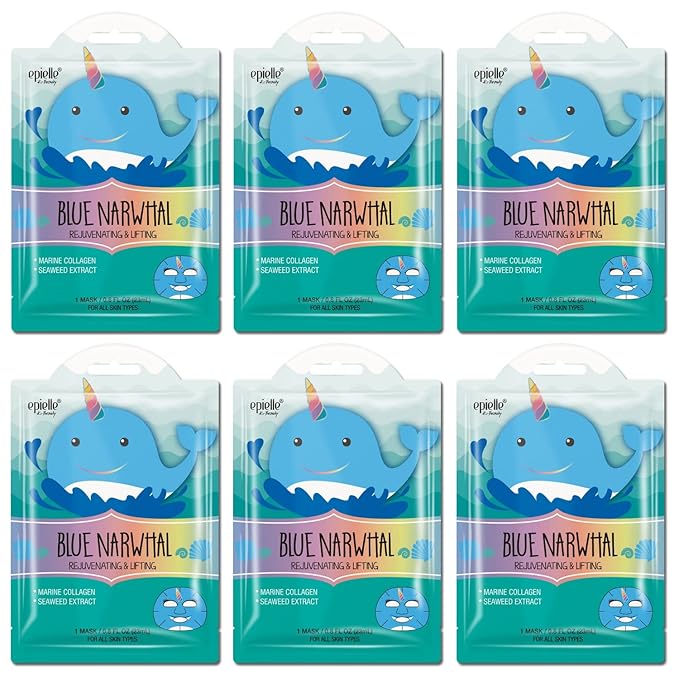 Epielle Animal Character Sheet Masks Blue Narwhal 6 Pack, Rejuvenating & Lifting Face Mask with Marine Collagen, Girls Spa Party Favors, Sleepover, Self Care Gifts for Women, Korean Skin Care