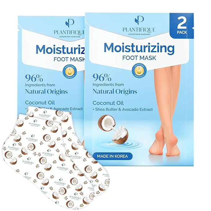 PLANTIFIQUE Korean Foot Mask with Shea Butter 2 Pairs Box for Dry & Cracked Feet | Hydrating Socks for Soft Heels | Intense Moisturizing and Repairing Dry Rough Skin | Foot Spa | Happy Feet Mask