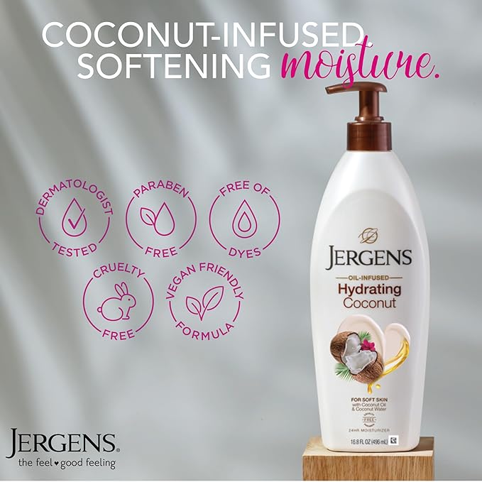 Jergens Hydrating Coconut Body Lotion, Hand and Body Moisturizer Hydrates Dry Skin Instantly, Infused with Coconut Oil, Dermatologist Tested, 16.8 oz