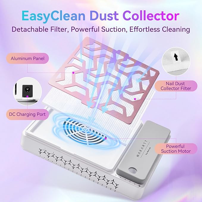 Makartt Nail Dust Collector - Rechargeable Ultra Thin Portable Dust Collector DUSTINA with Digital Display Silicone Wrist Rest and Reusable Filter for Nail Tech Acrylic Gel Polishing