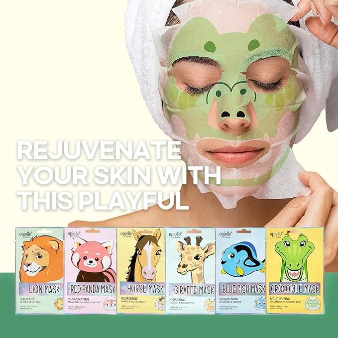 Epielle Animal Character Sheet Masks 6 Pack, Moisturizing & Hydrating Face Mask with Hyaluronic Acid & Fruit Extract, Korean Skin Care, Girls Spa Party Favors, Sleepover, Self Care Gifts for Women