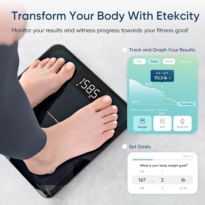 Etekcity Smart Scale for Body Weight, Bathroom Digital Weighing Scale with BMI, Body Fat, Muscle Mass, Accurate Bluetooth Home User Health Equipment Sync Apps