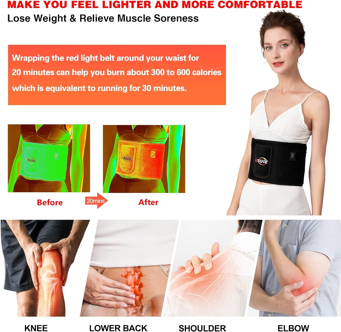 USUIE Red Light Therapy Belt, Infrared Light Therapy Wrap Red Light Therapy Device for Body with Timer for Back Shoulder Waist Muscle Pain Relief for Gift Women Men Gift