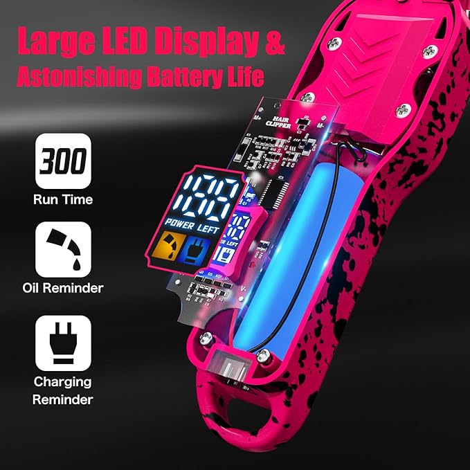 Professional Hair Clippers for Men, Cordless Barber kit for Hair Cutting & Grooming, Pink Hair Clippers and Trimmer Set for Barber Haircut with LED Display, 8 Fade Taper Combs