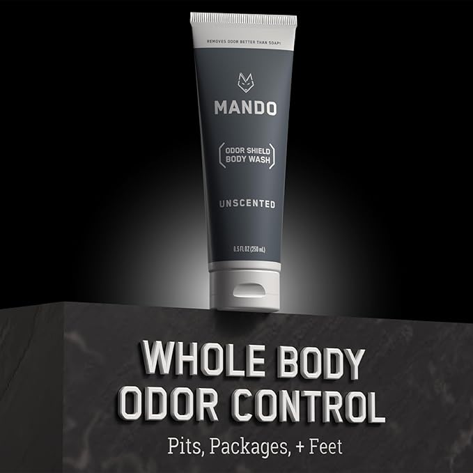 Mando Odor Shield Body Wash - 24 Hour Control - Removes Odor Better than Soap - SLS Free and Paraben Free, Skin Safe - 8.5 Ounce (Unscented)