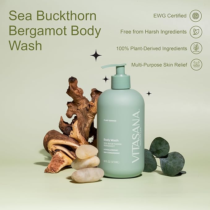 Vitasana Natural Body Wash for Sensitive Skin, 16 oz – Sea Buckthorn & Bergamot Scent, 98.9% Plant‑Derived, EWG Verified, Hypoallergenic, Paraben‑Free, Sulfate‑Free, Cruelty‑Free