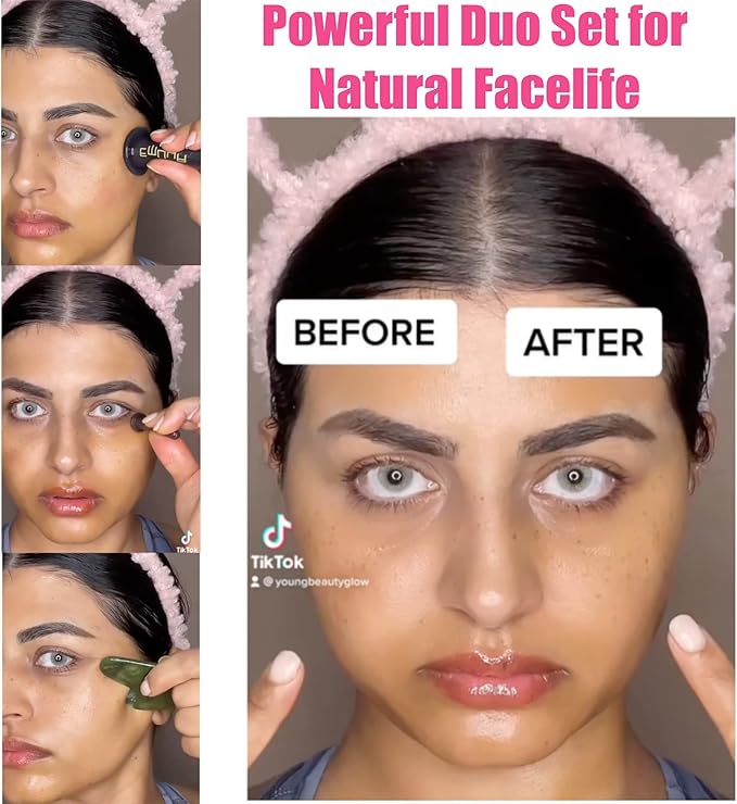 Gua Sha Facial Cupping Set for Face and Neck – Guasha Facial Tools Face Cupping Set for Anti Aging– Real Jade Gua Sha Stone & 2 Sizes Silicon Cups - Sculpting, Contour Jawline, Glowing Skin