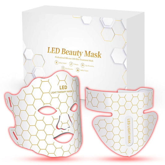 Yahi Red Light Photon Facial & Neck Mask with Remote Control, 7 Custom Modes with Infrared, Portable & Rechargeable with Timer for Home Use, 175 High-Density Light Beads, White