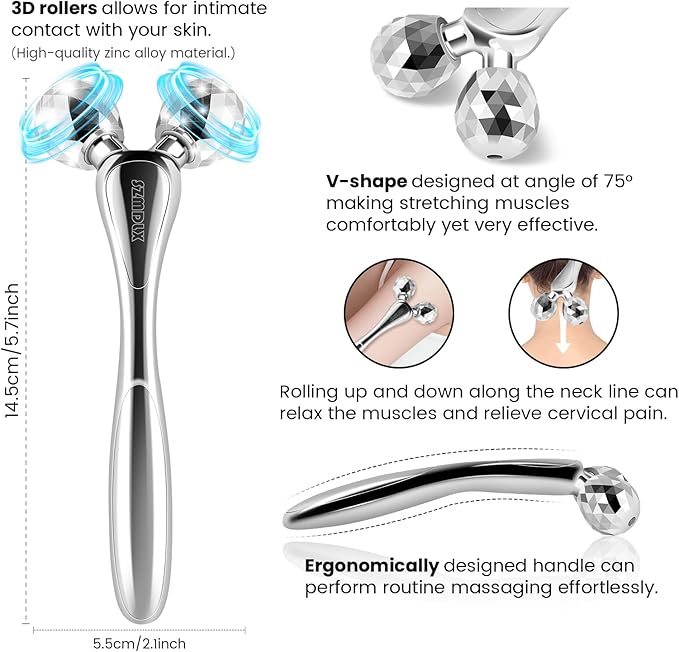 3D Facial Massager Rollers Facial Lifting Massager, Skin Care Face Body Massager Firming Tools for Body Relaxation Massage, Kneading, Body Slimming and V-Shaped Face Lift, Anti-Wrinkle (Silver)