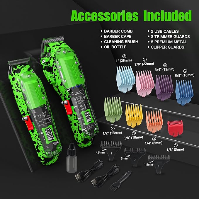 Professional Hair Clippers for Men, Cordless Barber kit for Hair Cutting & Grooming, Green Hair Clippers and Trimmer Set for Barber Haircut with LED Display, 8 Fade Taper Combs