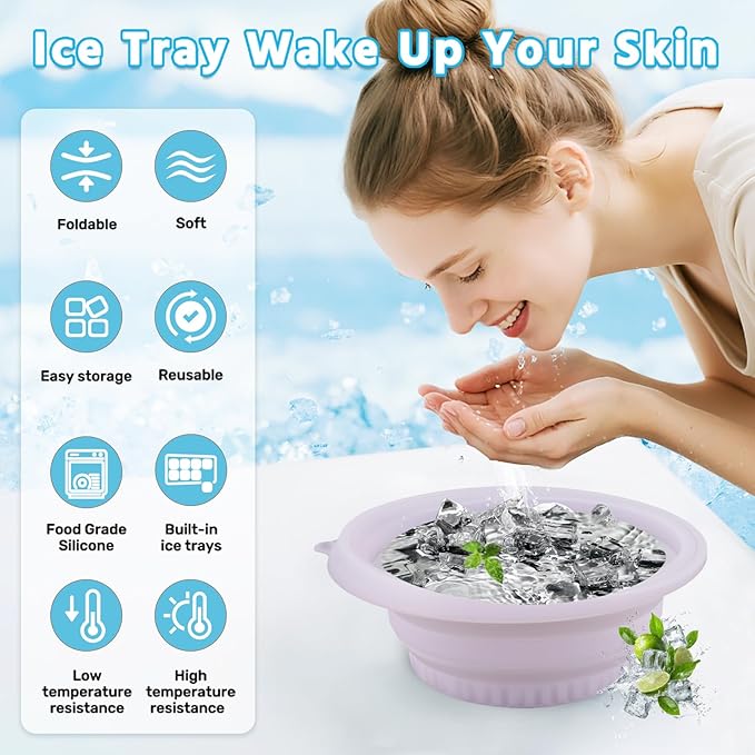 Foldable Silicone Facial Ice Bath Bowl, Ice Face Bowl with Built-in Ice Tray - for Cold Immersion Therapy, Skin Tightening and Acne Relief - Portable Cold Therapy Tool for Home and Travel (Purple)