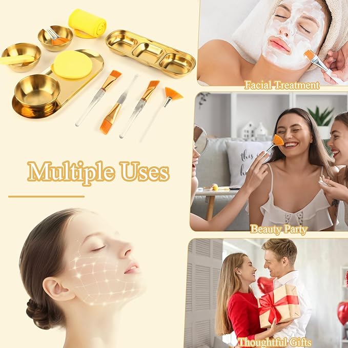 26 Pcs Esthetician Supplies 3 Gold Mixing Bowls Gold Small Serving Tray 3 Compartment Serving Tray 3 Facial Fan Brushes 3 Face Mask Applicator Brush 12 Facial Sponge Compressed Round 3 Hair Band