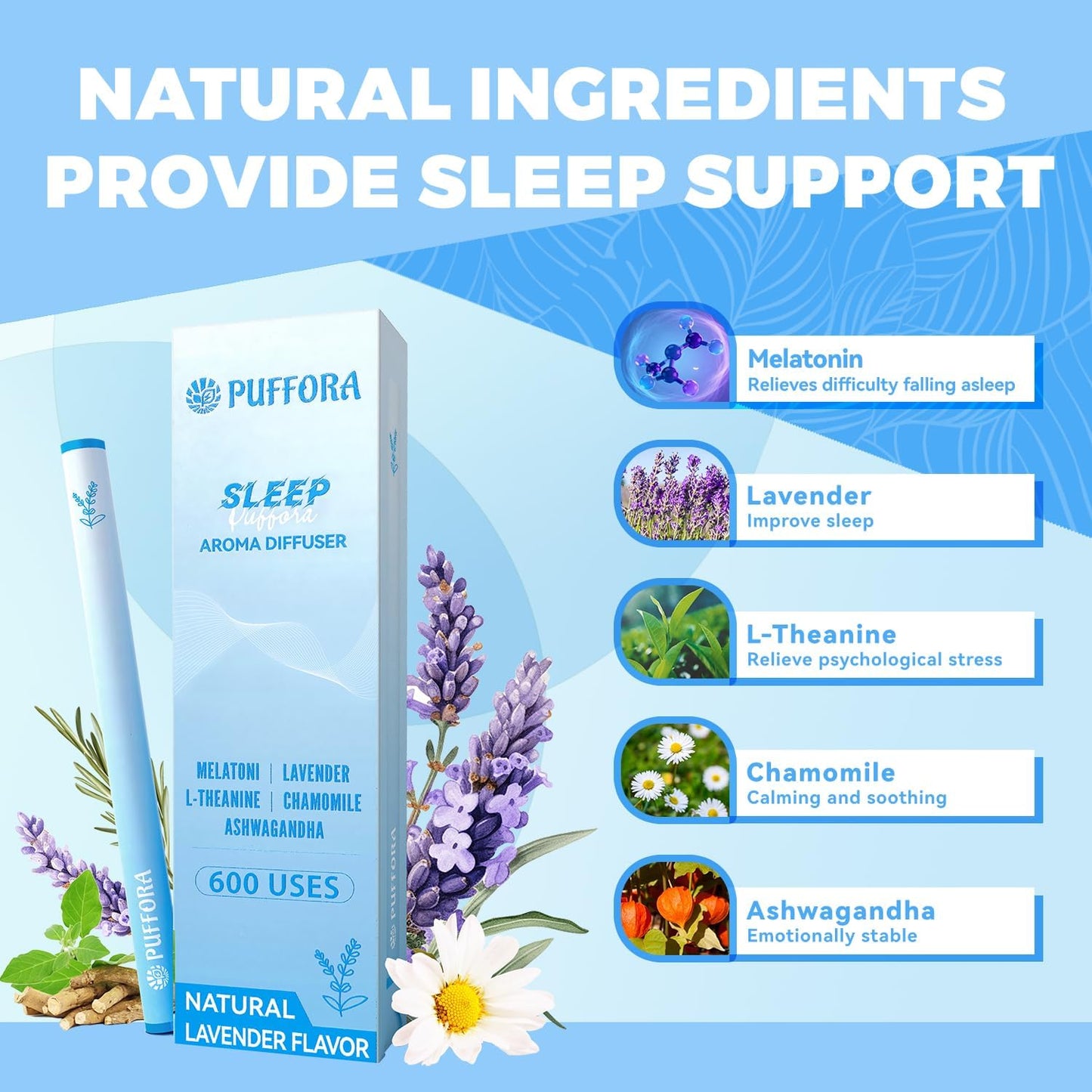 Melatonin Diffuser Pen, Extracts of Lavender, L-Theanine and Ashwagandha, Supports Restful & Comfortable Sleep, Stress Relief - 600 Uses