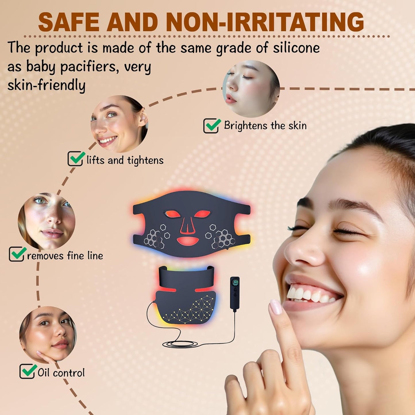 Red Light Therapy for Face and Neck, Rechargeable Infrared Mask, 850nm Near-Infrared, 4 Modes, Anti-Aging Face and Neck Treatment.