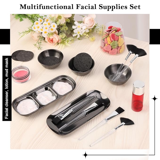 21 Pcs Black Esthetician Supplies 3 Stainless Steel Facial Mask Mixing Bowls 3 Fan Brushes Esthetician 3 Facial Flat Brushes Skincare Tray 3-Compartment Serving Tray 10 Round Compressed Facial Sponges