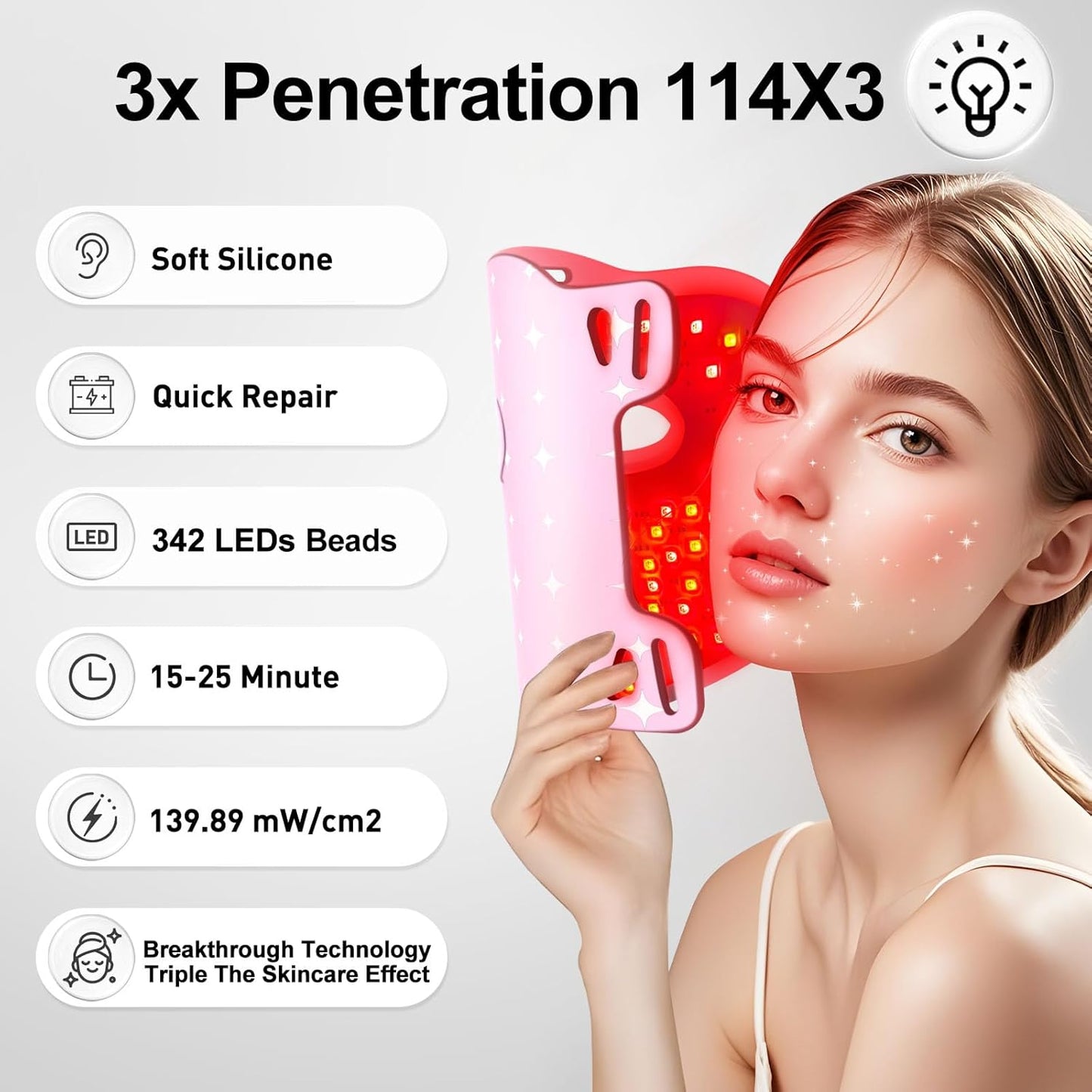 Red Light for Face,Heated LED Face Mask Light,25°C-32°C Heated Infrared Red Face Mask Light,Anti-Aging Infrared Mask