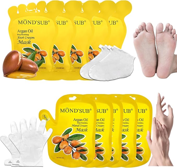 Elitzia Foot Hand Mask Hydrating Argan Oil 10 Packs Socks & Gloves Moisturizing Repairing Nourishing Masks Spa Skin Care Women for Dry Rough Skin ETAO10