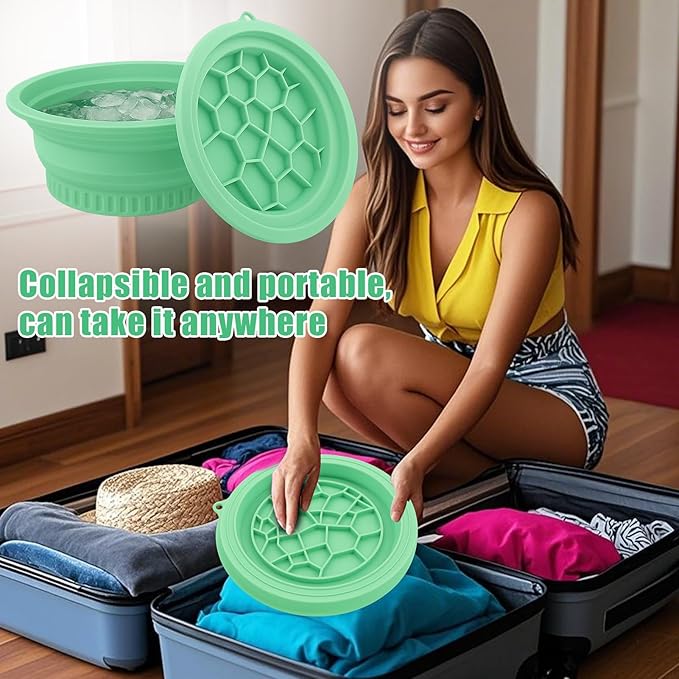 Silicone Face Bowl for Ice with Built-In Icetray, Collapsible Face Tub for Ice Bath, Facial Ice Plunge Bowl, Ice Water Facials at Home - Green