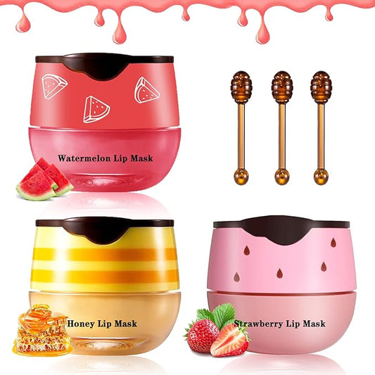 3PCS Bee Lip Balm Honey Pot Products(Honey+Strawberry+Watermelon)