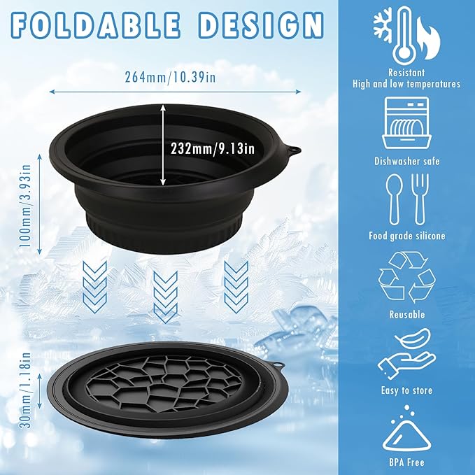 Foldable Face Ice Bath Bowl, Face Bowl for Ice With Built-in Ice Tray, Collapsible Silicone Facial Ice Bath Bowl for Cold Plunge Therapy, Skin Tightening, Travel Cold Bath Spa Tool, Black