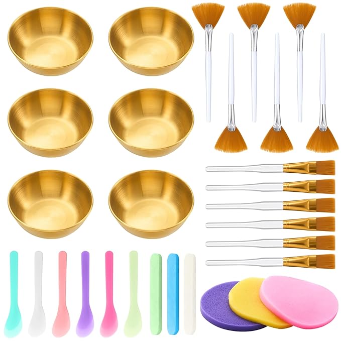 30 Pcs Esthetician Supplies for Facials Set 6 Gold Facial Bowls 6 Brushes 6 Flat Brushes 6 Spatula 6 Compressed Sponges Face Mask Cosmetic Applicators for Women Mask Mixing Tools Kit