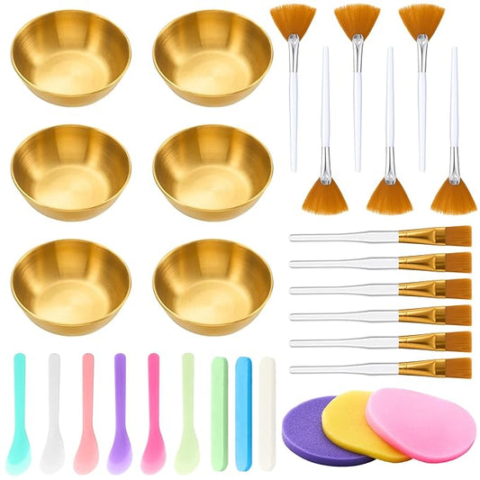 30 Pcs Esthetician Supplies for Facials Set 6 Gold Facial Bowls 6 Brushes 6 Flat Brushes 6 Spatula 6 Compressed Sponges Face Mask Cosmetic Applicators for Women Mask Mixing Tools Kit