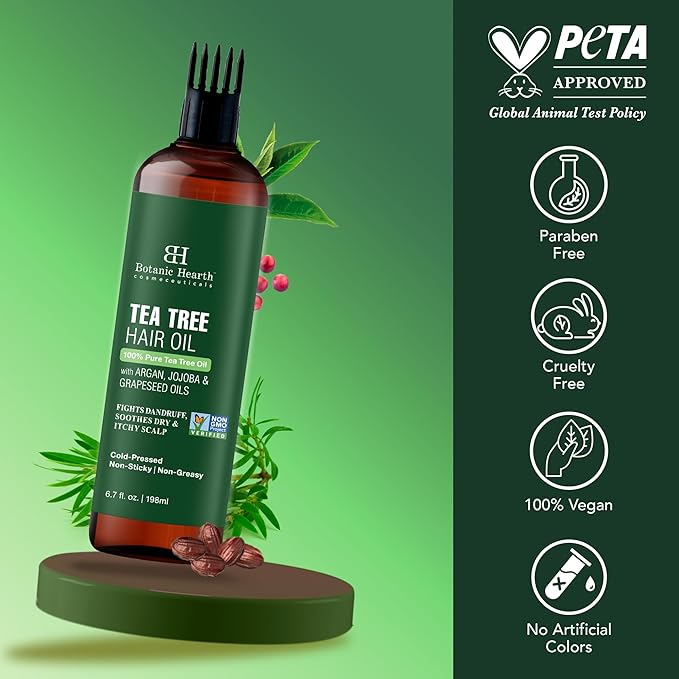 Botanic Hearth Tea Tree Oil For Hair (6.7 Fl Oz) | With Jojoba & Grapeseed Oils | Soothes Itchy Scalp & Fights Dandruff | Non Gmo Verified - Hair Tonic