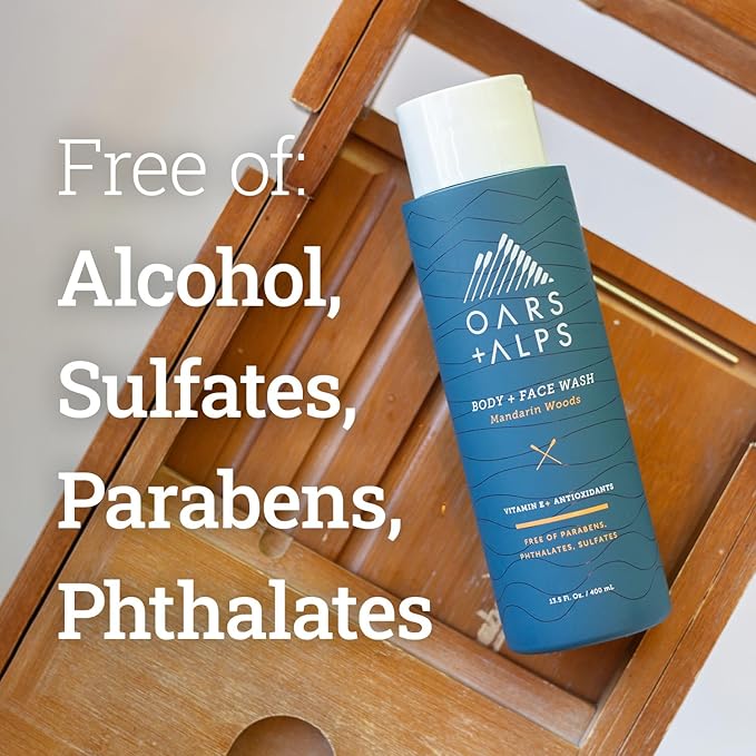 Oars + Alps Mens Moisturizing Body and Face Wash, Skin Care Infused with Vitamin E and Antioxidants, Sulfate Free, Mandarin Woods, 13.5oz, 1 Pack