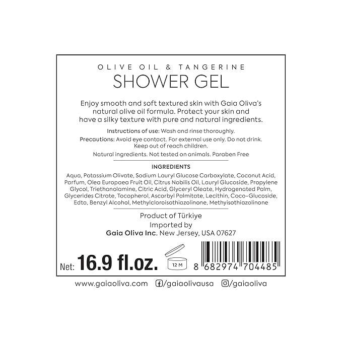 Olive Oil Natural Shower Gel with Tangerine, Hydrating, Moisturizing Body Wash for Women & Men, Plant-based Bath & Shower Gel Body Wash for Dry Skin, 16.9 Fl Oz (Pack Of 1)