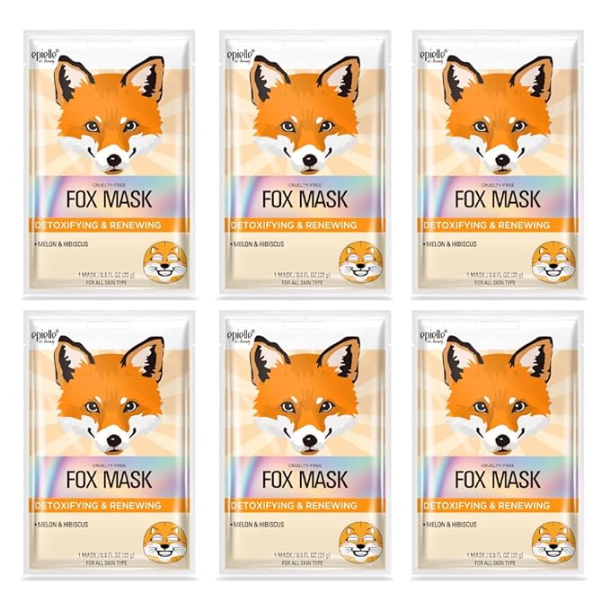 Epielle Animal Character Sheet Masks Fox 6 Pack, Defoxifying & Renewing Face Mask Skincare Set with Melon & Hibiscus, Girls Spa Party Favors, Sleepover, Self Care Gifts for Women, Korean Skin Care