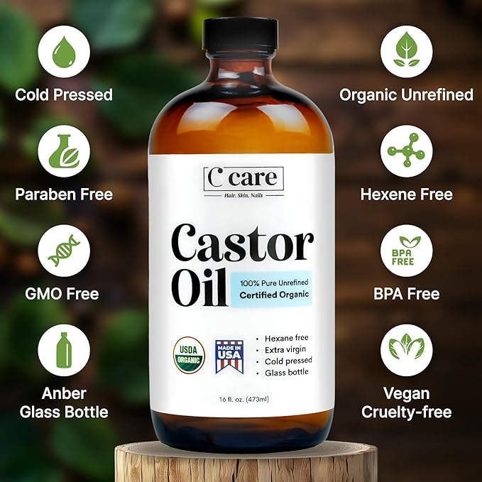 Castor Oil 100% Pure Organic Cold Pressed Unrefined Glass Bottle | USDA Certified Organic | Hexane Free Extra Virgin | For Hair Growth Eyebrows Eyelashes Skin and Castor Oil Pack Wrap | 16oz
