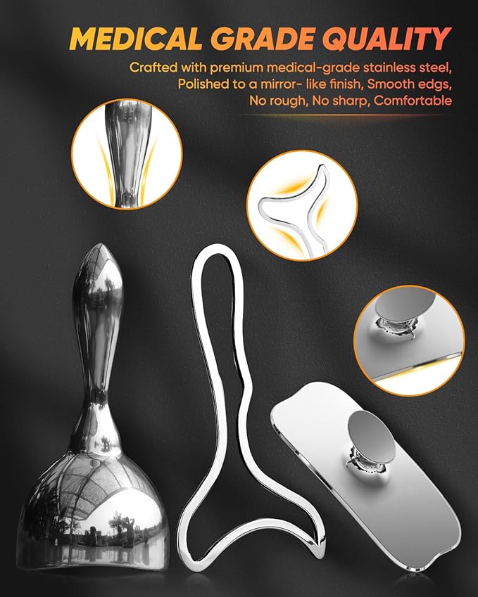 ONUEMP 3-in-1 Stainless Steel Therapy Massage Tool, Gua Sha Paddle & Swedish Cup & Mushroom Massager, Maderoterapia Kit Colombiana for Lymphatic Drainage, Cellulite Remover, Body Sculpting
