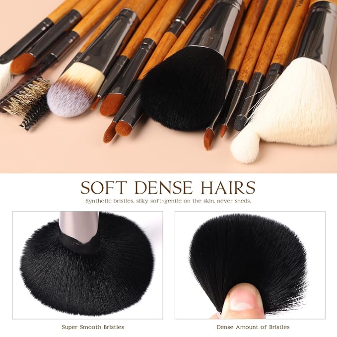 Makeup Brush Set,15pcs Walnut Wooden Makeup Brushes With Leather Button Bag, Professional Makeup Brushes For Foundation Concealer Kabuki Blush Eyeliner Shadow Brow, Makeup Brush Sets & Kits