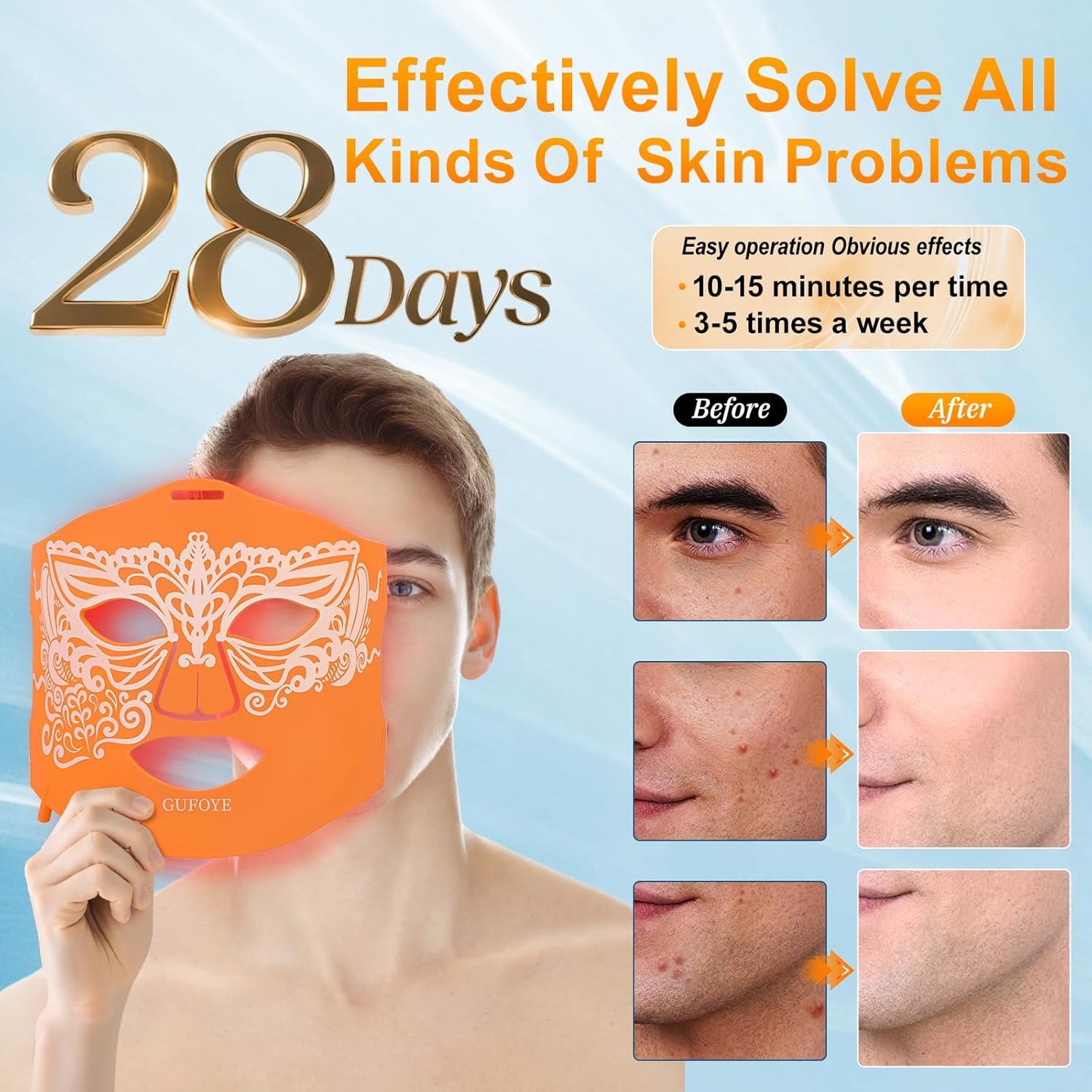 Red Light Therapy for Face with Ice Compress, 850nm Infrared Red Light Therapy, 8 Light Modes Led Face Mask Light Therapy, 4 in 1 lamp beads, 3000mAh, Facial light therapy devices for Home, Orange