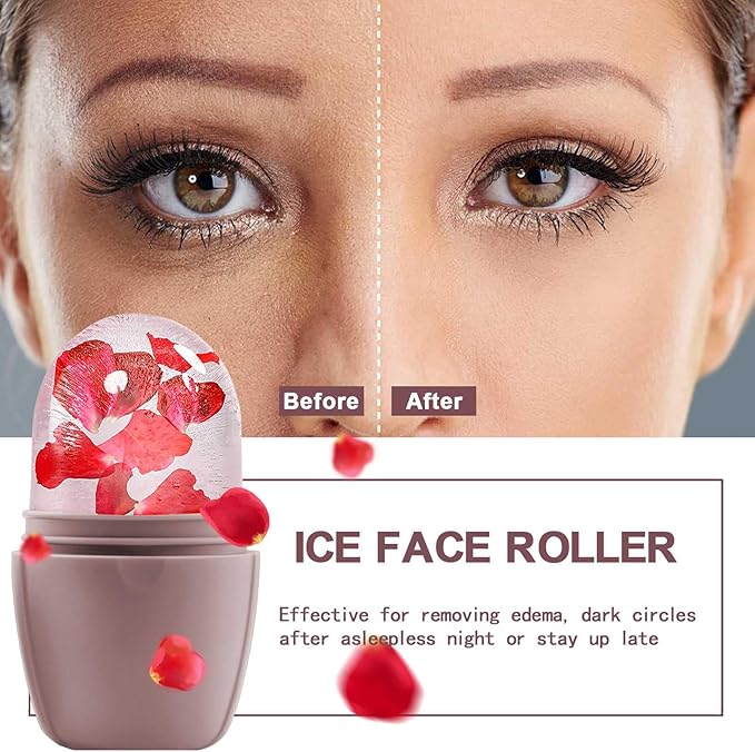 KOGITI Face Ice Roller & Mold - Beauty Facial Massage Tool for Puffiness Relief, Ice Cube Holder (Brush-Brown)