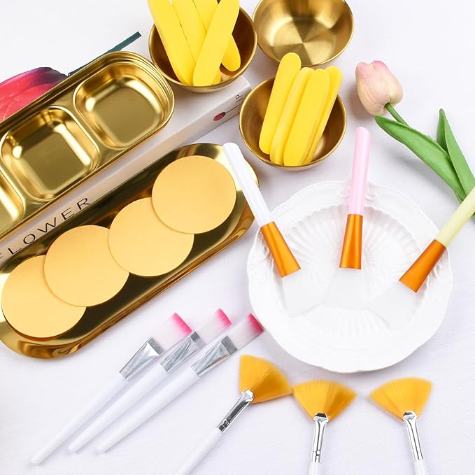 26Pcs Esthetician Supplies for Facials Set - 3 Stainless Steel Gold Mixing Bowls Gold Small Serving Tray 3 Compartment Serving Tray 3 Facial Fan Brushes 6 Face Mask Applicator Brush 12 Face Sponges