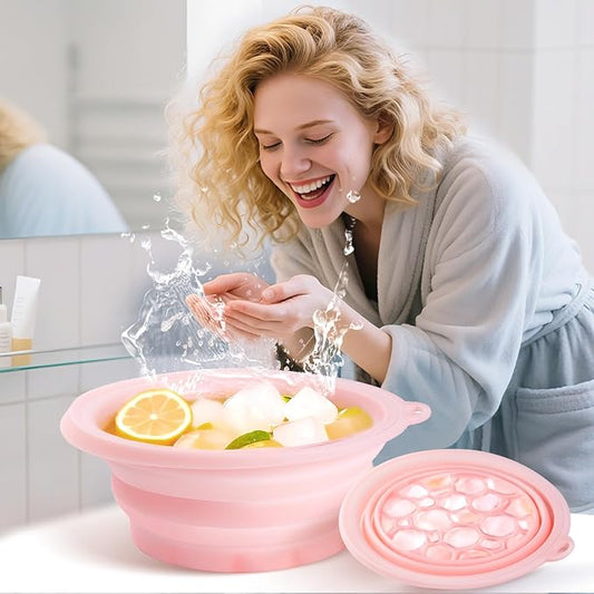 Face Bowl for Ice with Built-In Icetray, Silicone Ice Facial Foldable Washbasin,Ice Bath for Face,Facial Plunge Bowl, Face Icebath at Home, Pink