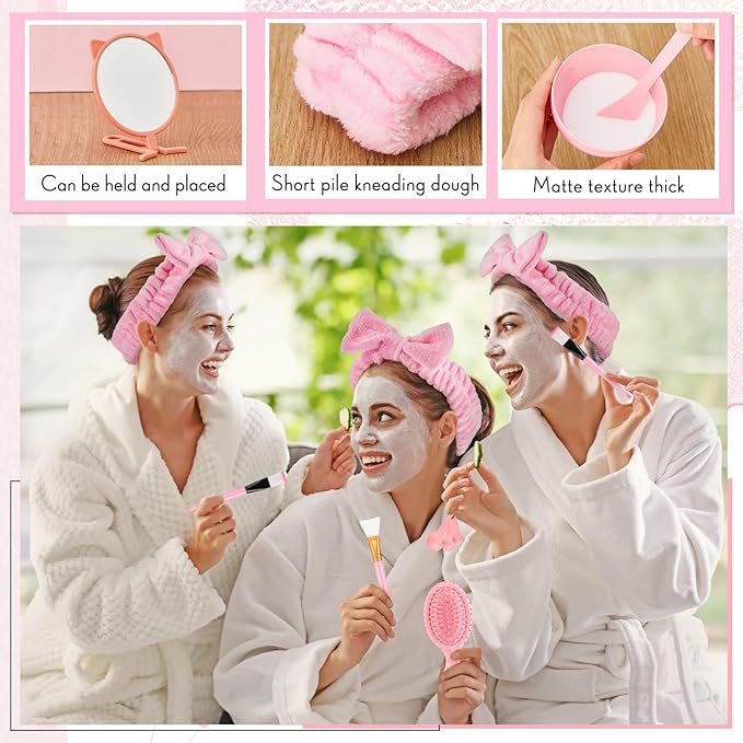 100 Pcs Spa Party Supplies for Women Pink Facial Mask Bowl Set with Facial Mask Bowls Spatula Brush Puff Measuring Scoop Basin Mirror Air Cushion Comb Headband Spa Birthday Party Favor