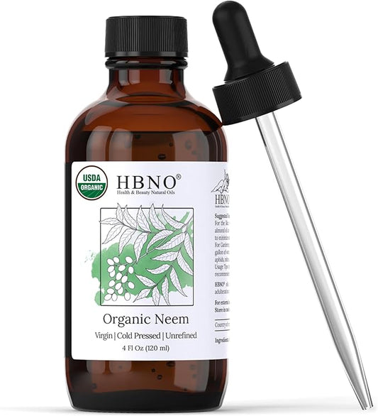 HBNO Organic Neem Oil - 4 oz (120ml) Value Size - Ideal for Face wash, Lotions, Skincare, and Hair Care Products (Glass Bottle)