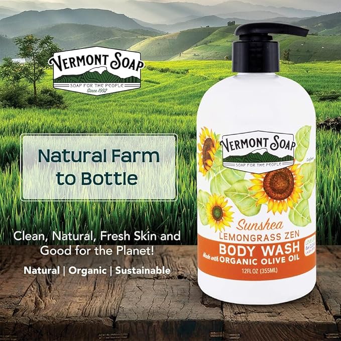VERMONT SOAP Body Wash, Natural Body Wash with Shea Butter, Mild Gel Body Wash for Moisturizing and Soothing Skin, Fragrance Free Body Wash for Women & Men (Lemongrass Zen, 12oz)