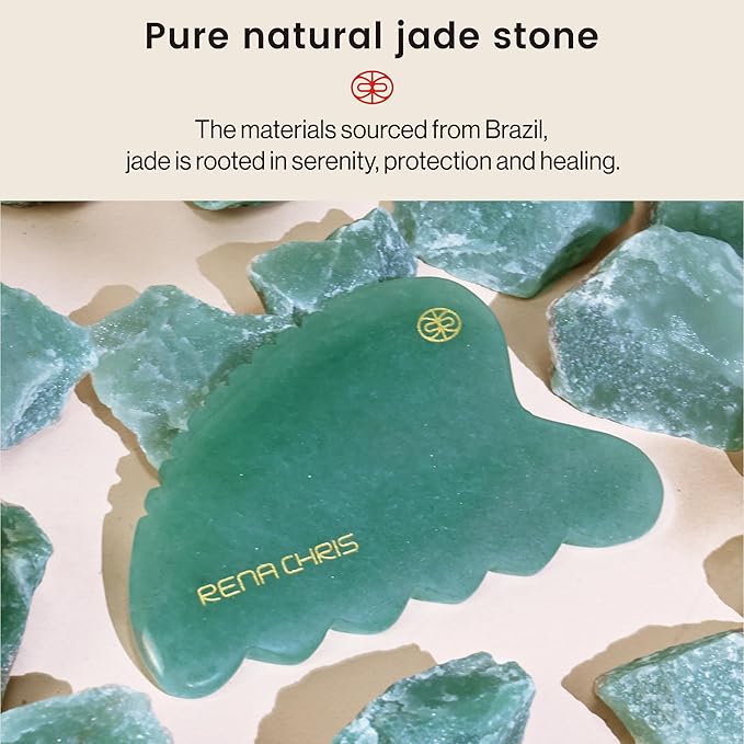 Rena Chris Gua Sha Facial Tool, Natural Jade Stone Body Gua sha with Exquisite Wooden Box, Large Guasha Suitable for Face Lifting, Puffiness Reducing and Whole-Body Massage, Skin Care Massager