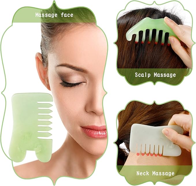 Geiserailie 2 Pieces Jade Combs Massage Stone Hair Gua Sha Scraping Scalp Comb Facial Massage Tool Multifunctional Handheld Head Tools Head Caring Therapy Mother's Day Gift(Mixed Style)
