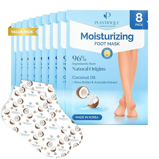 PLANTIFIQUE Korean Foot Mask with Shea Butter 8 Pairs box for Dry & Cracked Feet | Hydrating Socks for Soft Heels | Intense Moisturizing and Repairing Dry Rough Skin | Foot Spa | Happy Feet Mask