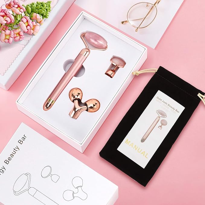 3-IN-1 Electric Jade Roller 3D Roller Facial Roller & Face Massager, Rose Quartz