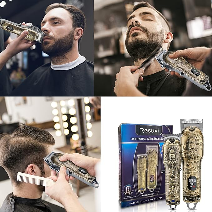 RESUXI Mens Hair Clippers and Trimmers Set,Professional Cordless Barber Clippers Beard Trimmer Hair Cutting Kit, Barber Accessories for Men Grooming Haircut Kit USB Rechargeable Adjustable