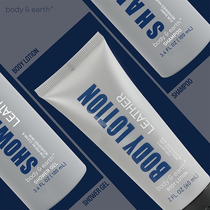 Gift Set for Men - Mens Bath Set and Body Wash Set with Leather Scent Shower Gel, Body Lotion, Shampoo, Mens Shower Gift Sets, Father Day Gifts for Men