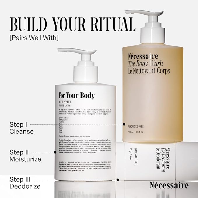 Nécessaire The Body Lotion with Pump. Fragrance-Free. Multi-Peptide Firming Lotion to Moisturize, Firm, Strengthen. 2.5% Niacinamide, Vitamin C/E + Omega 6/9. 450ml / 15.2 fl oz