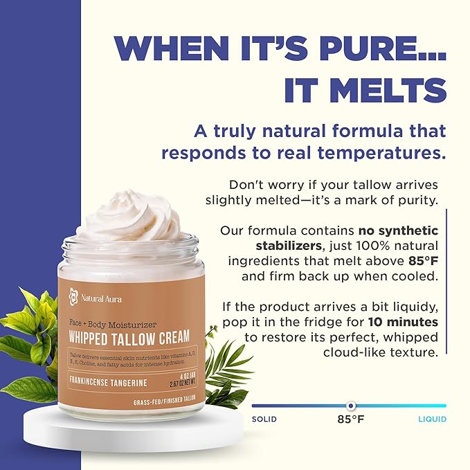 Whipped Beef Tallow for Skin - Face + Body Moisturizer, 100% Grass Fed Grass Finished Tallow and Honey Balm for Sensitive Skin - Natural Lotion - Free of Harsh Chemicals - 4oz, (Citrus Frankincense)