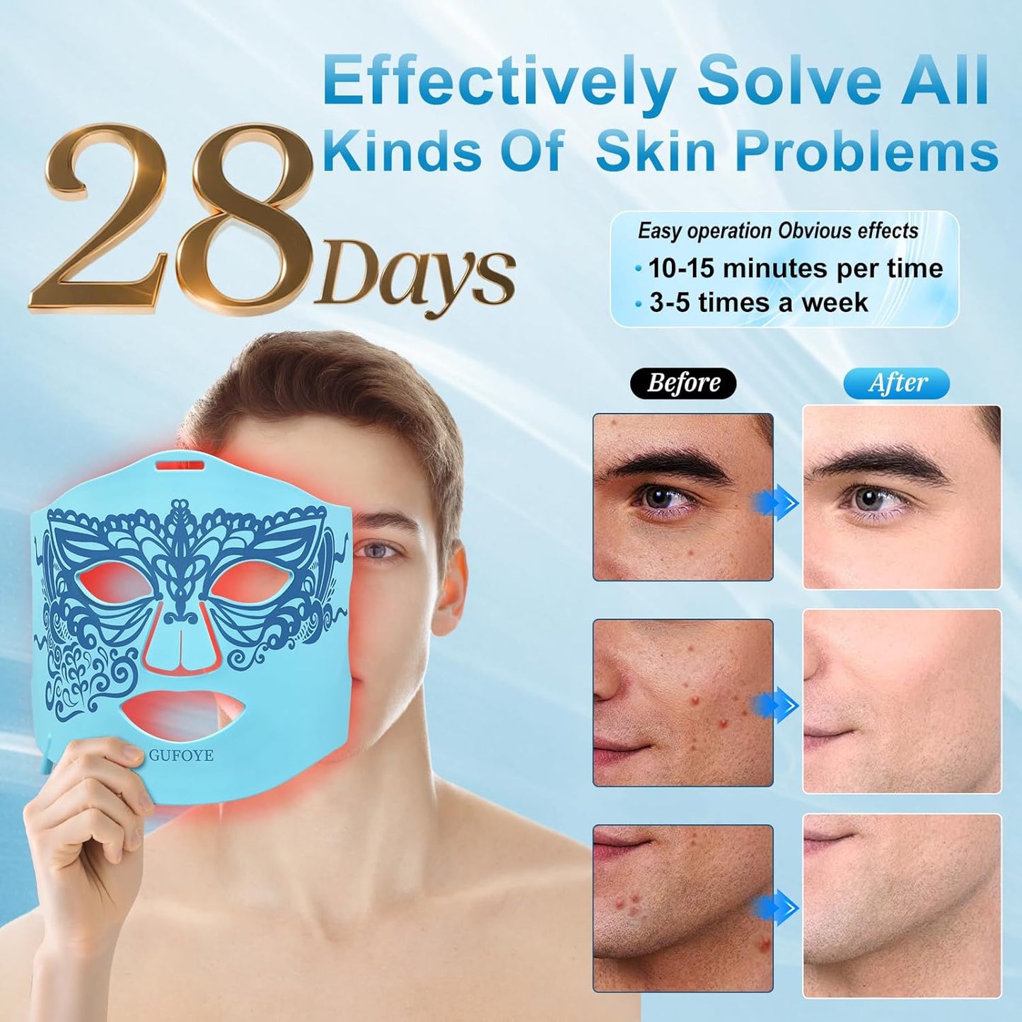 Red Light Therapy for Face with Ice Compress, 850nm Infrared Red Light Therapy, 8 Light Modes Led Face Mask Light Therapy, 4 in 1 lamp beads, 3000mAh, Facial light therapy devices for Home, Blue